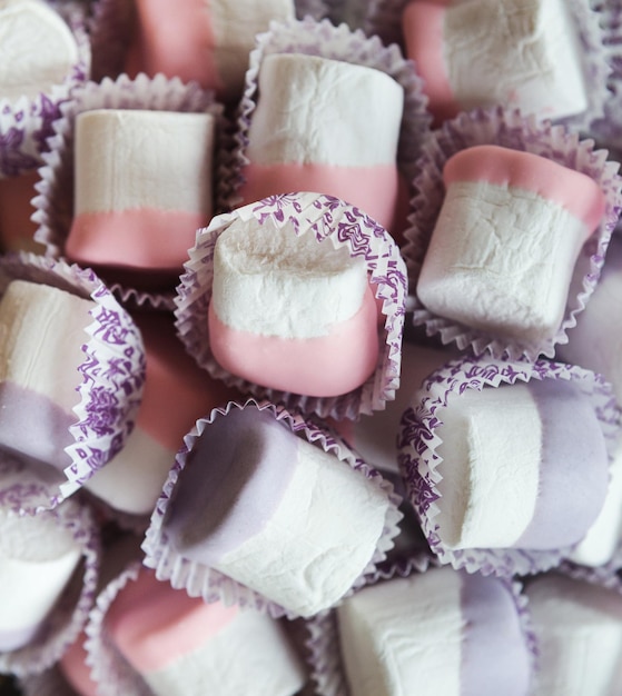 Prato de marshmallows coloridos para carrinho de sobremesa de festa. Barra de chocolate e conceito de catering para aniversário, casamento e outras comemorações de feriados, closeup