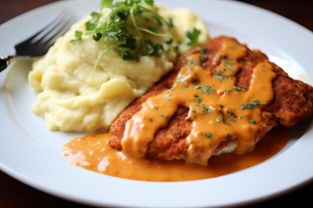 Foto prato de molho de cogumelos de schnitzel de porco generado por ai