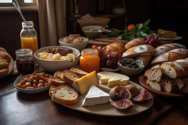 Prato de pães quentes com seleção de patês e queijos criados com ai generativa