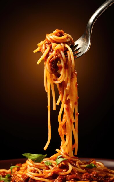 Prato de pasta de espaguete com molho de tomate e carne moída frita e garfo com espaguete