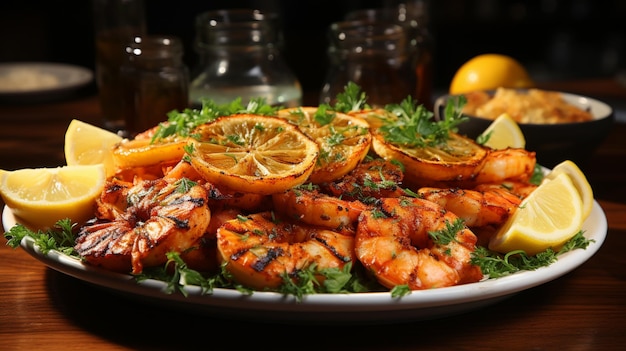 Prato de peixe CAMARÃO grelhado com lâminas de limão e pepino