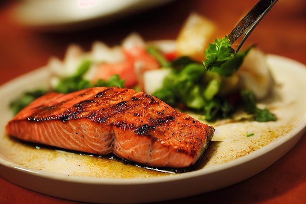 Prato de peixe salmão grelhado preparado com legumes na placa closeup