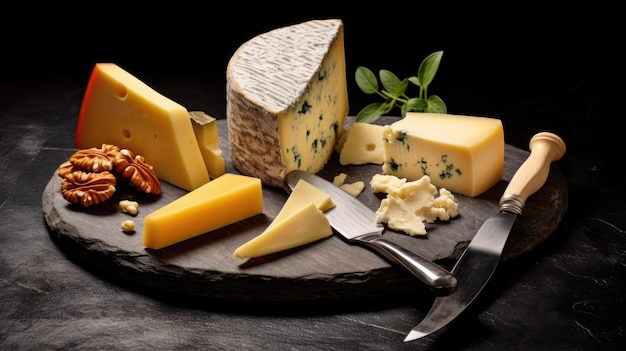 Prato de queijo com diferentes tipos de queijos sobre um fundo preto