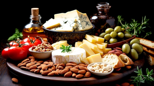 Prato de queijo com frutas e nozes de queijos orgânicos em um fundo de madeira Ai gerado