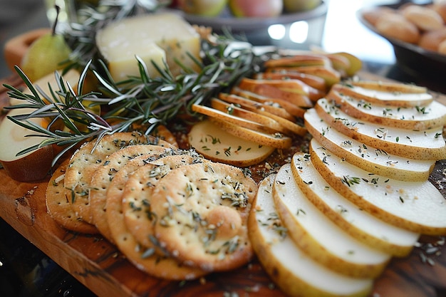 Foto prato de queijo com queijos variados, biscoitos e fatias de pêra