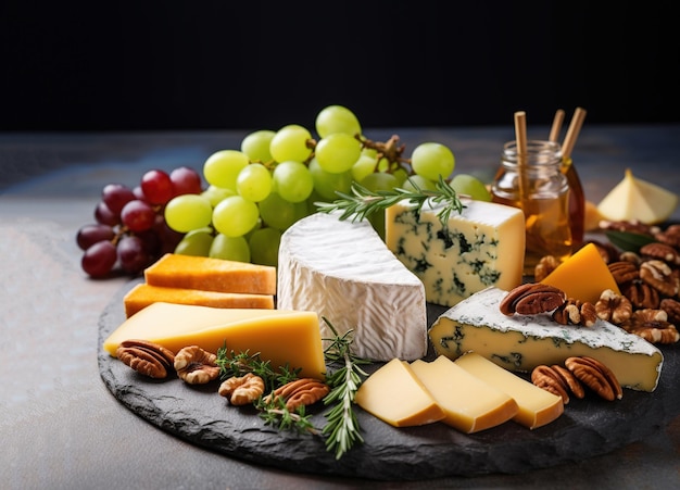 Prato de queijo com uma variedade de queijos, mel, uvas, nozes e ervas frescas em um fundo de concreto