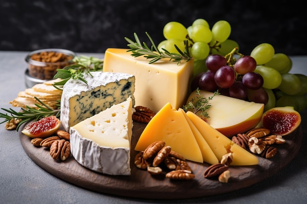 Prato de queijo com uma variedade de queijos, mel, uvas, nozes e ervas frescas em um fundo de concreto