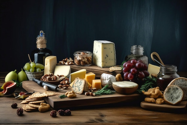 Prato de queijo com uva e aperitivos diferentes na superfície de madeira