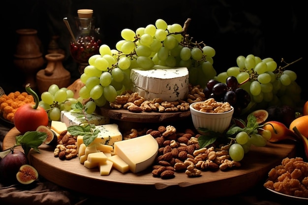 Prato de queijo com uvas, nozes e mel em fundo escuro