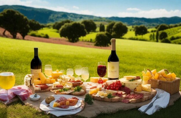 Prato de queijo com vinho tinto e lanches em grama verde na vinha