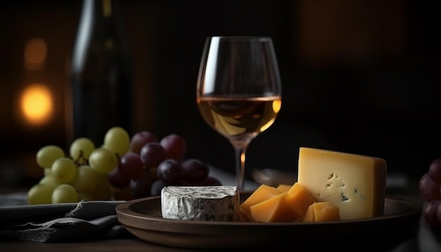 Prato de queijo gourmet com vinho e frutas gerados por IA