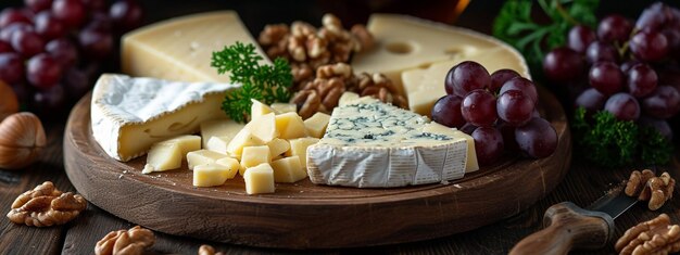 Prato de queijo servido com uvas, geleia, figos, biscoitos e nozes sobre um fundo de madeira