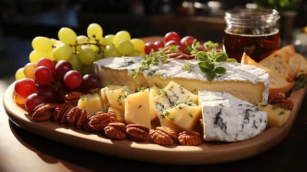 Prato de queijo um aperitivo italiano tradicional com nozes uvas colhidas menu de restaurante de papel de parede