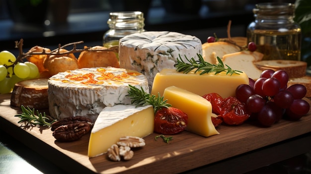 Prato de queijo um aperitivo italiano tradicional com nozes uvas colhidas menu de restaurante de papel de parede