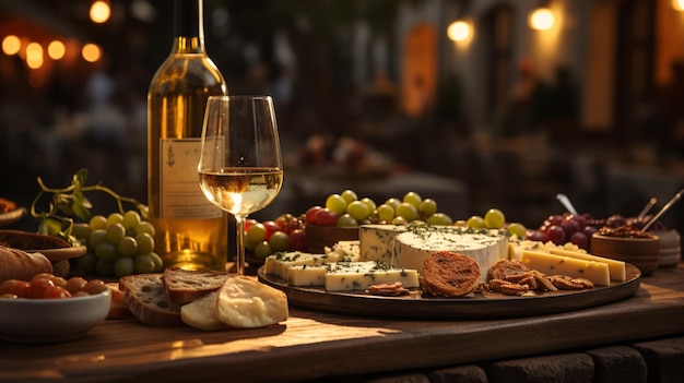 Prato de queijos com vinho tinto e lanches na mesa no restaurantegenerativo ai