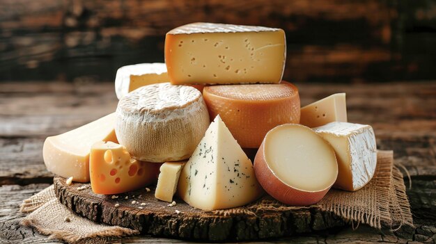 Prato de queijos variados em prato de madeira