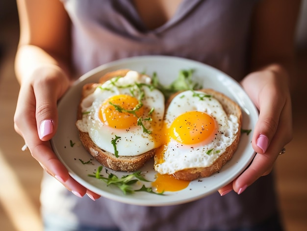 prato de salada com ovo nas mãos da mulher gerado ia