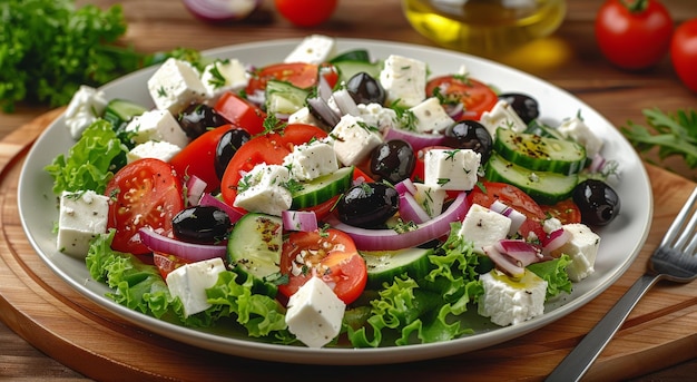 Prato de salada com tomates, pepino, azeitonas e feta