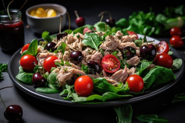 Prato de salada de atum com verduras frescas e tomate cereja criado com ai generativo