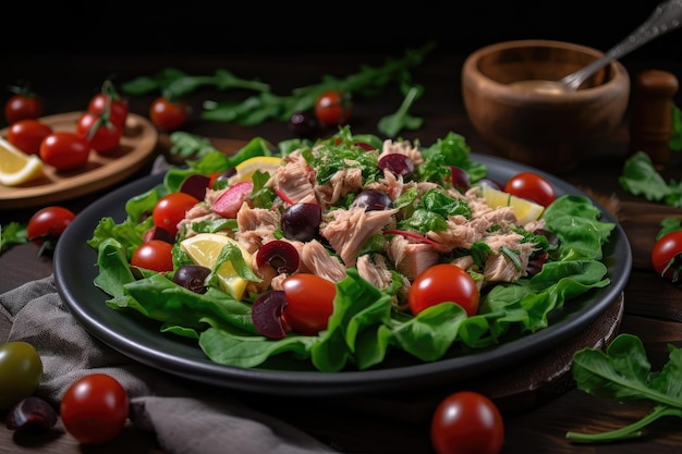 Prato de salada de atum fresco com mistura de verduras e tomate cereja maduro criado com ai generativo