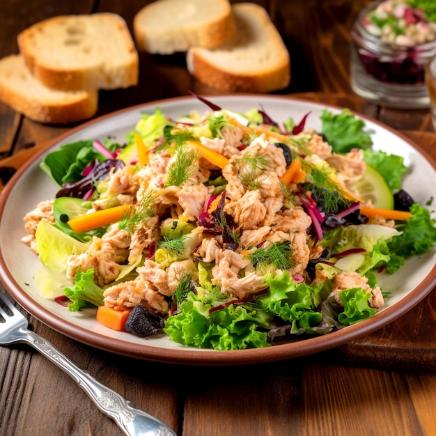 Prato de salada de frango com legumes na mesa de madeira