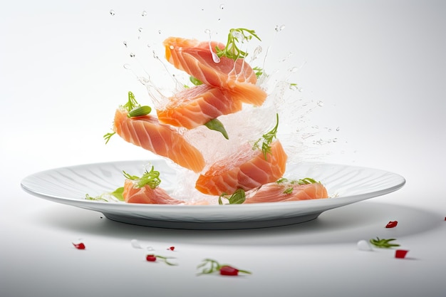 Prato de sashimi japonês com pedaços voadores de peixe vermelho geração de IA