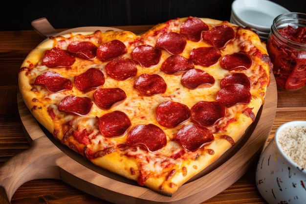 Prato de servir coração de pizza grande recheado com pepperoni e queijo extra