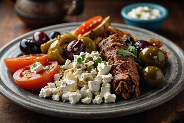 Prato de shawarma com um lado de feta e azeitonas