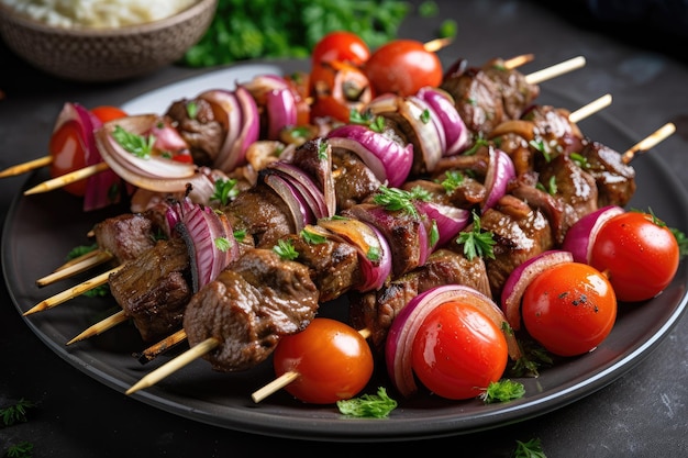 Prato de shishkabob de carne grelhada coberto com tomates frescos e cebolas criados com ai generativo