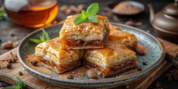 Prato de sobremesas em mesa de madeira