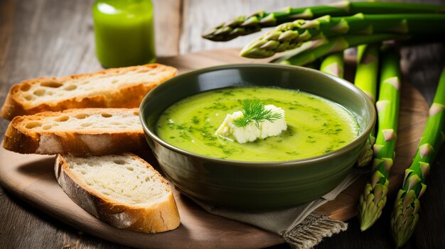 Prato de sopa de espargos com ingredientes e torradas de pão em madeira verde