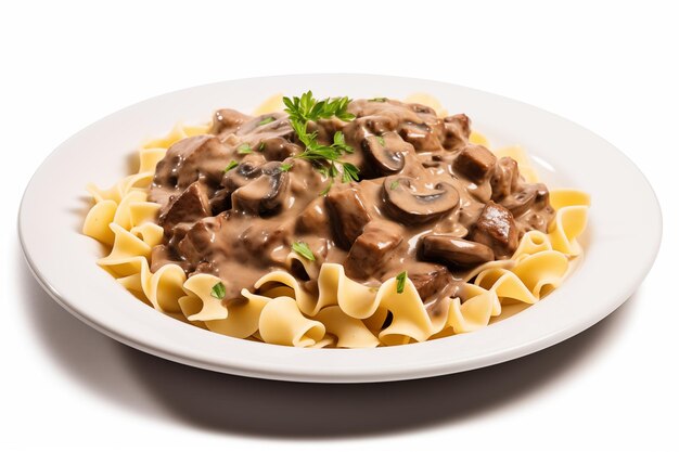 Prato de stroganoff de carne de vaca com cogumelos e molho de creme sobre um fundo branco