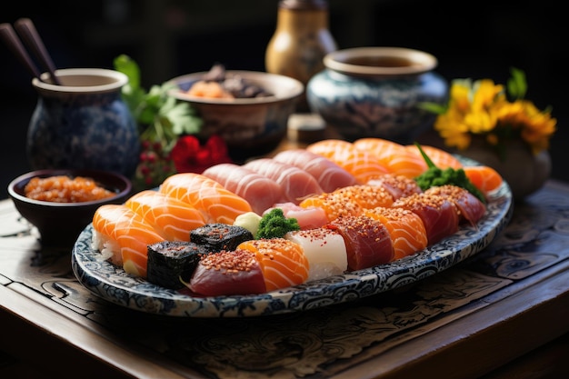 Prato de sushi e cerâmica japonesa harmonia gastronômica e artística geradora IA