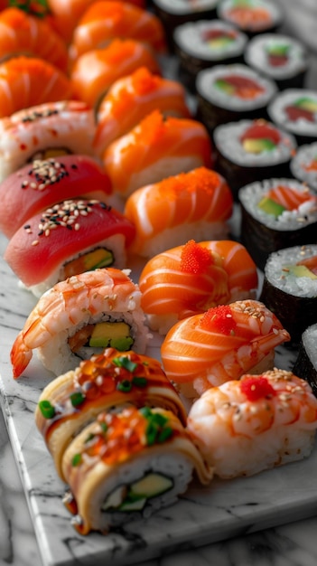 Prato de sushi em laje de mármore com uma seleção de rolos nigiri e sashimi em foco suave