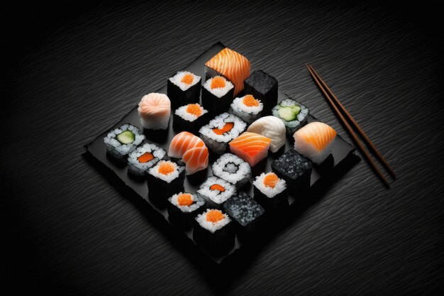 Prato de sushi tradicional japonês servido em um prato preto com pauzinhos Generative AI