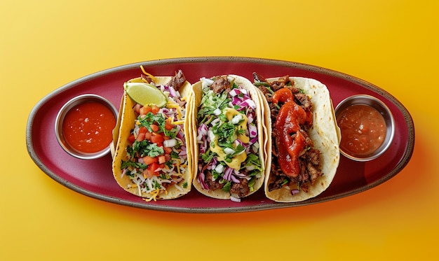 Prato de taco colorido com molhos variados em vidro