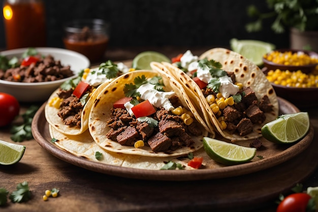 Prato de tacos de rua mexicanos com carne asada chorizo e al pastor em tortillas de milho