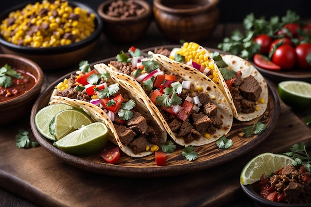 Prato de tacos de rua mexicanos com carne asada chorizo e al pastor em tortillas de milho