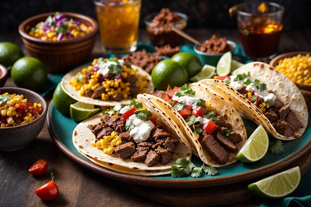 prato de tacos de rua mexicanos com chouriço de carne assada e al pastor em tortilhas de milho