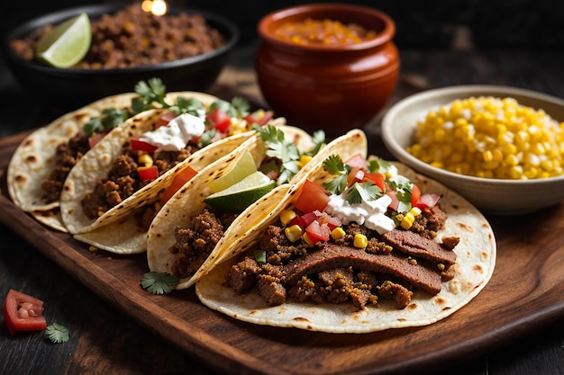 prato de tacos de rua mexicanos com chouriço de carne assada e al pastor em tortilhas de milho