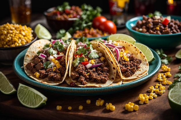 prato de tacos de rua mexicanos com chouriço de carne assada e al pastor em tortilhas de milho