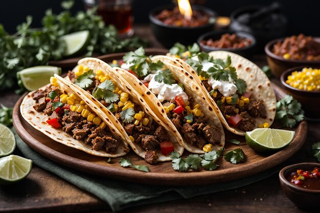 prato de tacos de rua mexicanos com chouriço de carne assada e al pastor em tortilhas de milho