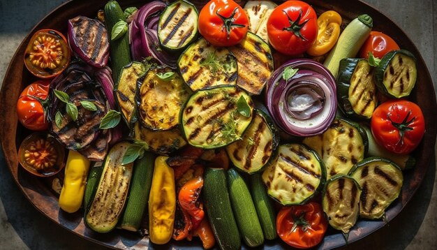 Foto prato de vegetais grelhados preparação de refeições de verão gourmet frescas e saudáveis geradas por ia