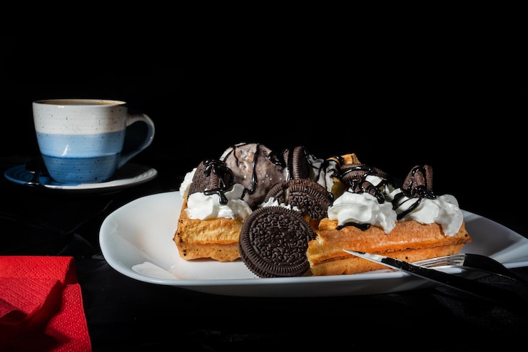 Foto prato de waffles belgas com biscoitos de sorvete e calda de chocolate em fundo escuro