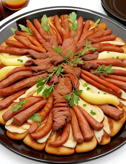 Prato elegante com vários cortes de carne atraentemente decorado