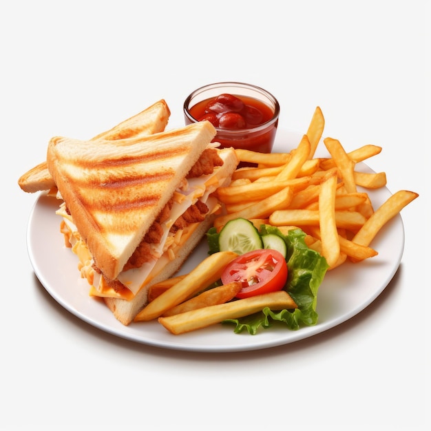 Foto prato fotorrealista com sanduíche e batata frita