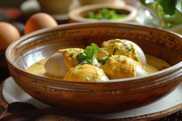 Foto prato gourmet peruano aji de gallina com ovo cozido