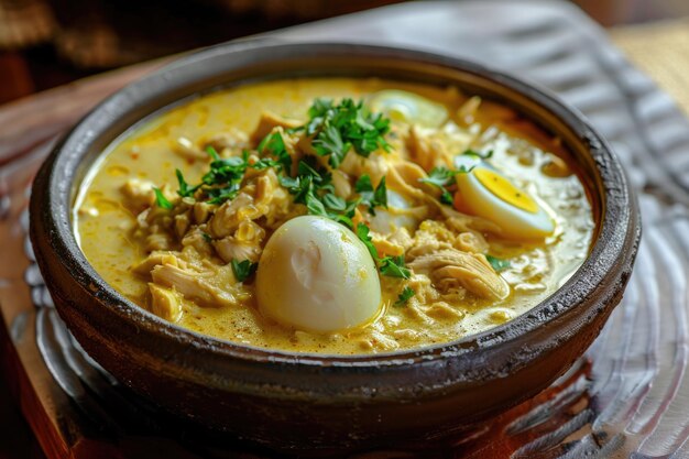 Foto prato gourmet peruano aji de gallina com ovo cozido