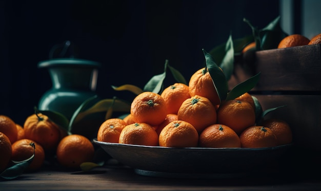 Foto prato grande e caixote de madeira cheio de tangerinas maduras jarro e algumas frutas na mesa pano de fundo preto ia generativa