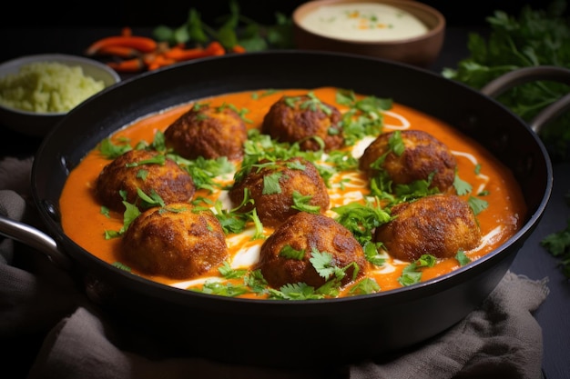 Prato indiano Kofta Curry servido em uma tigela ou foco seletivo karahi